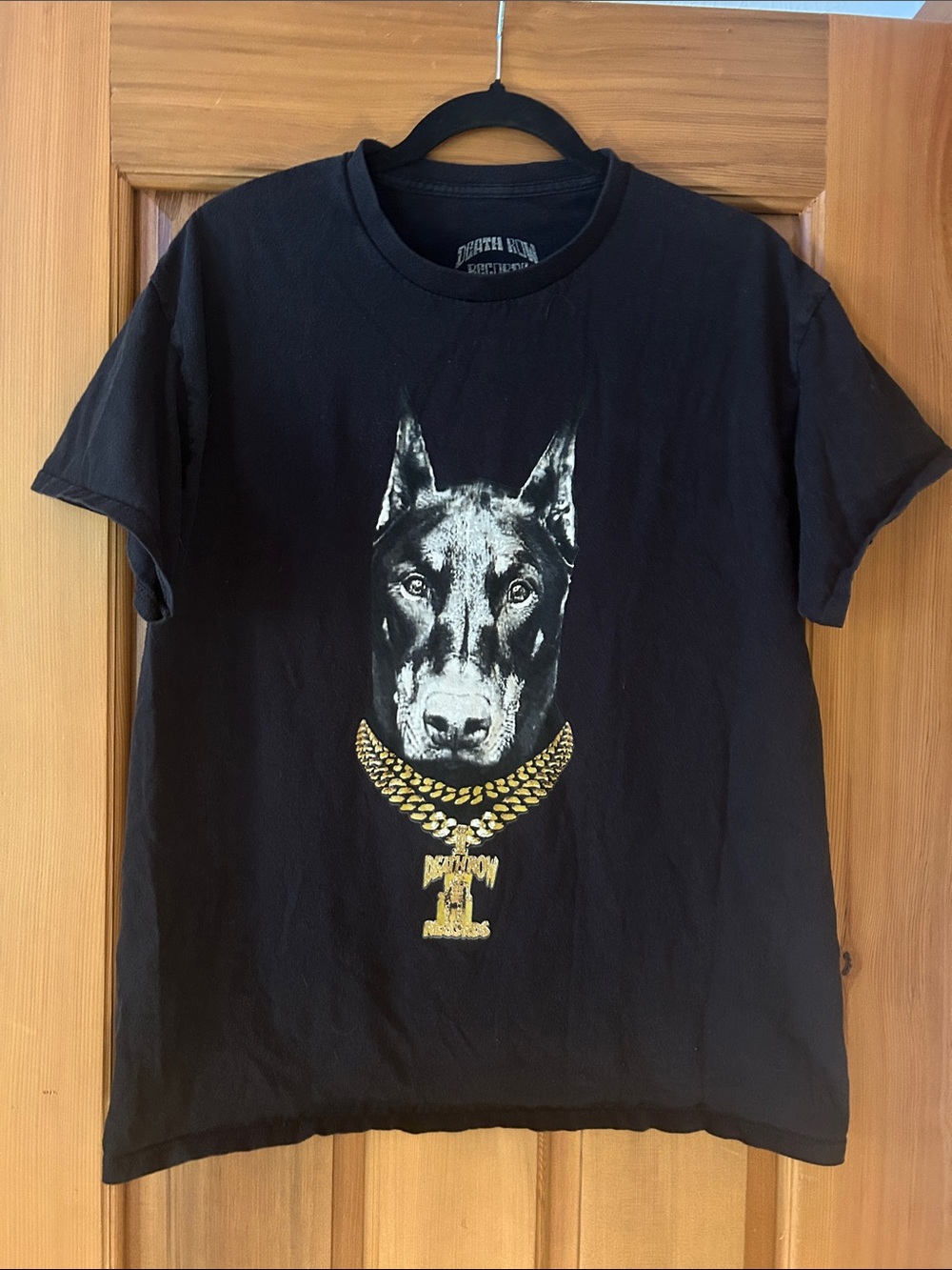 Black Graphic Dog Print Tee with Gold Chain Accent